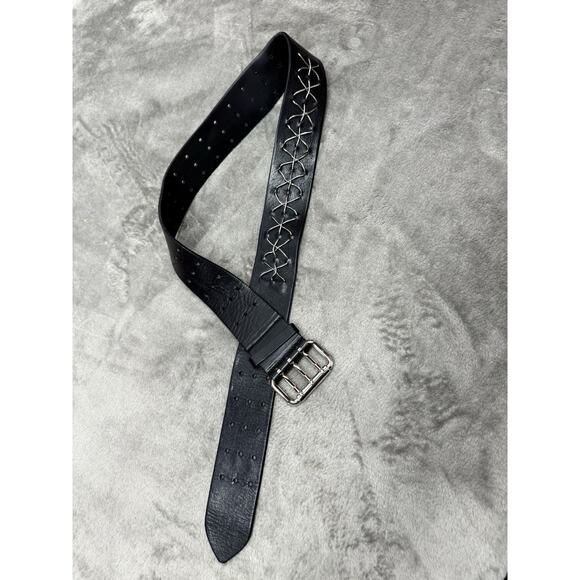 Fendi Black Leather Triple Buckle Belt Italy 90/36 Stitch Detail Genuine Leather - Picture 2 of 9